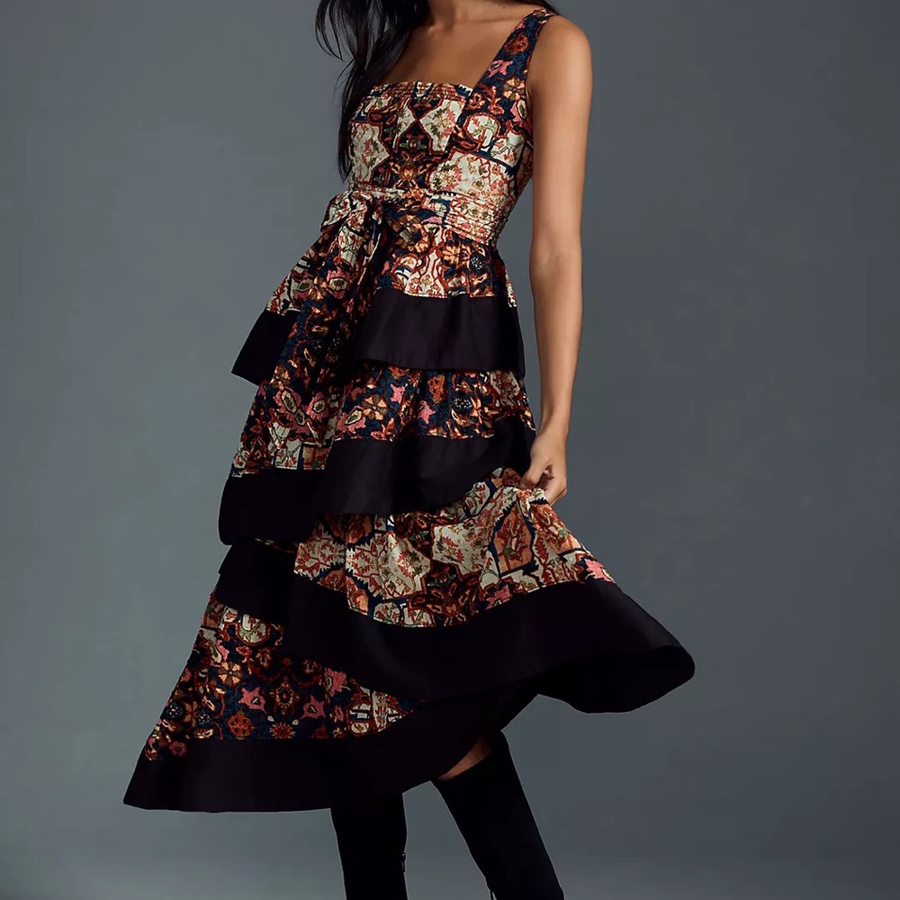 Anthropologie Square-Neck Printed Tiered Midi Dress